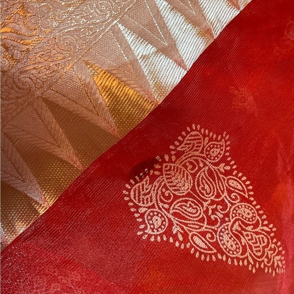 Orange Sheer Saree Fabric With Embroidered Gold Trim - Picture 7 of 8